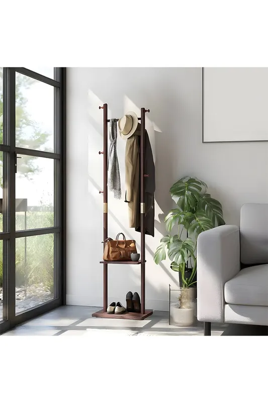 Living and Home Freestanding Wooden Clothes Rack with 5 Hooks in Walnut Walnut