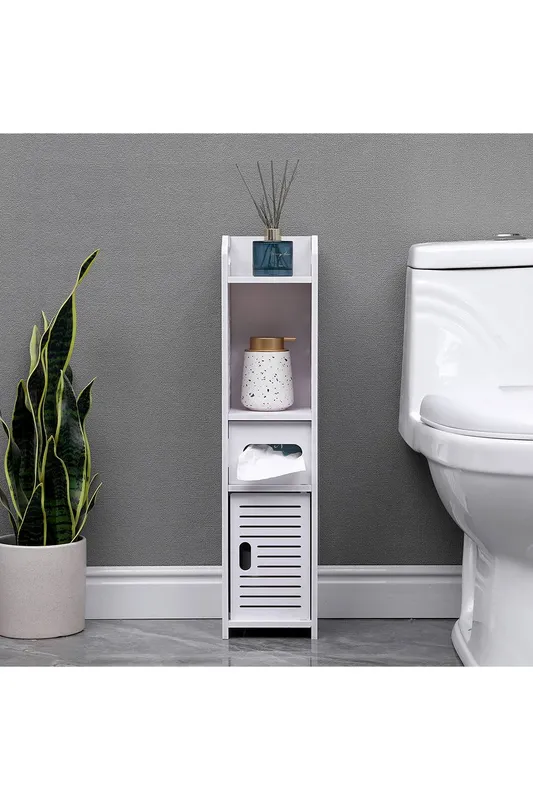 Living and Home Freestanding Wooden Small Slim Bathroom Cabinet in White White