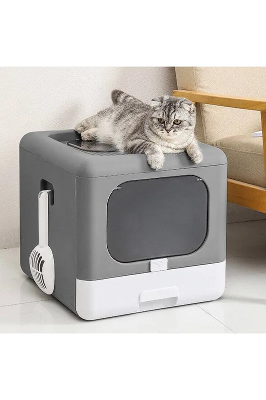 Living and Home Full Enclosed Cat Toilet Litter Box in Grey - Grey