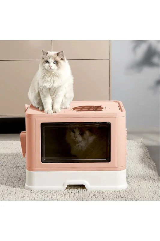 Living and Home Fully Enclosed Drawer Style Foldable Pet Litter Box in Pink Pink female