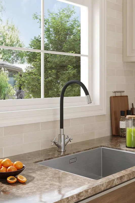 Living and Home G1/2 Flexible Silicone Dual-Handle Kitchen Faucet Mixer Tap in Black - Black
