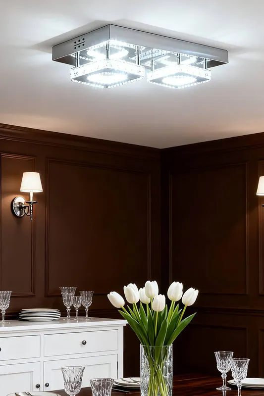 Living and Home Glam Crystal Square Ceiling Light in Silver Silver