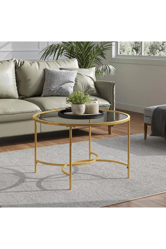 Living and Home Gold Modern Round Tempered Glass Coffee Table for Living Room Gold