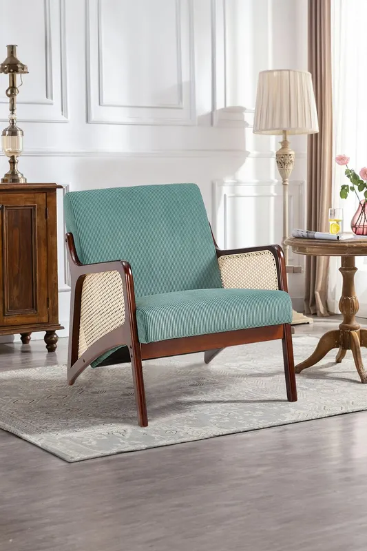 Living and Home Green Corduroy Armchair with Rattan Armrest Green