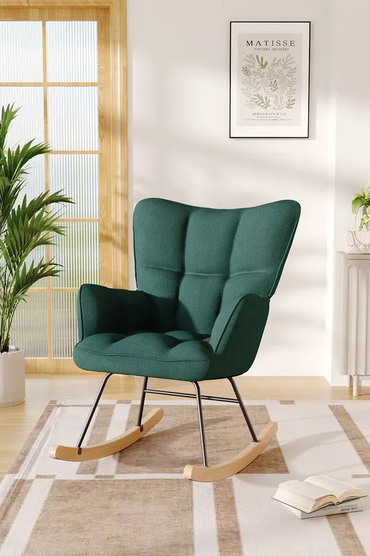 Living and Home Green Linen Check Tufted Rocking Chair Green