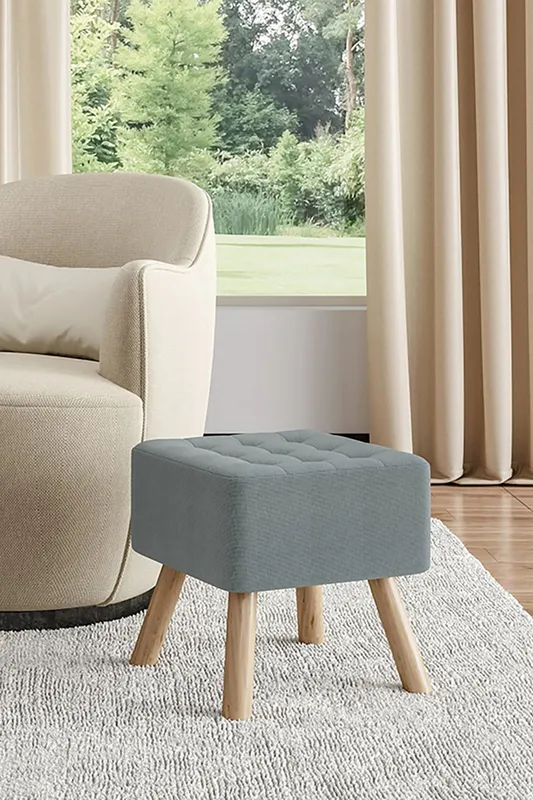 Living and Home Grey Linen Padded Wooden Leg Square Footstool Grey