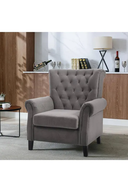 Living and Home Unisex Grey Tufted Upholstered Wingback Armchair Grey female