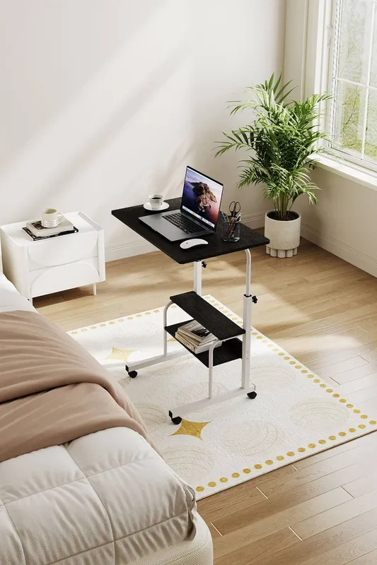 Living and Home Height Adjustable Mobile Overbed Table in Black - Black