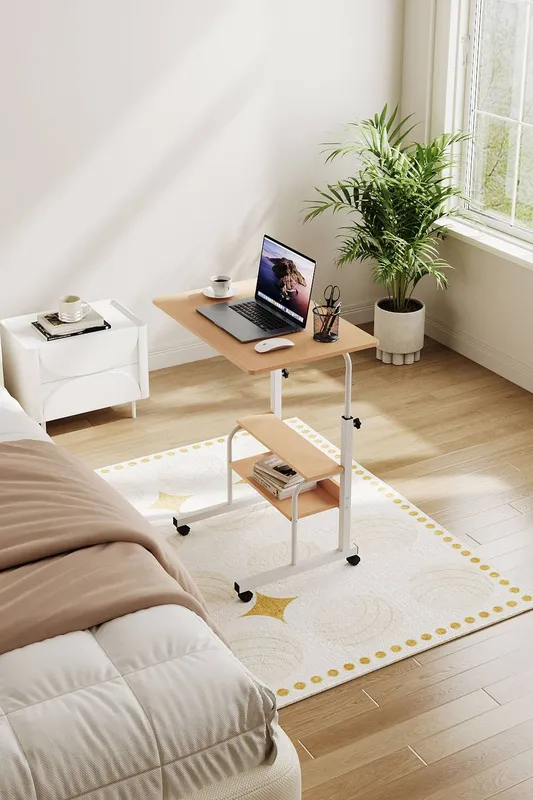 Living and Home Height Adjustable Mobile Overbed Table in Light Oak - Light Oak