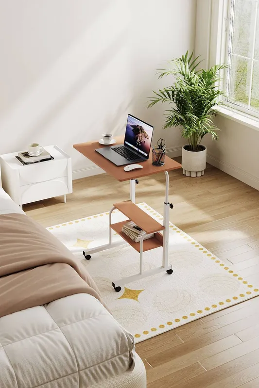 Living and Home Height Adjustable Mobile Overbed Table in Walnut Walnut