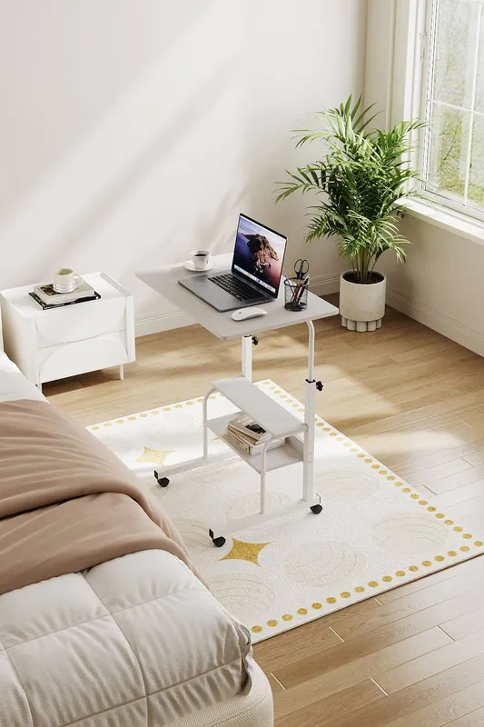 Living and Home Height Adjustable Mobile Overbed Table in White - White