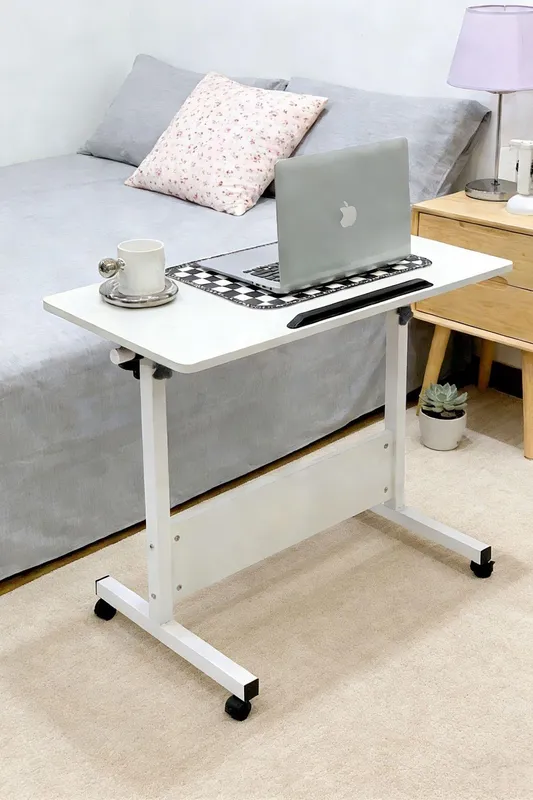 Living and Home Height Adjustable Mobile Table with Wheels in White White