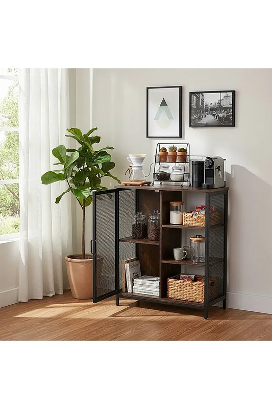 Living and Home Industrial Sideboard Coffee Bar Cabinet in Dark Brown Dark Brown