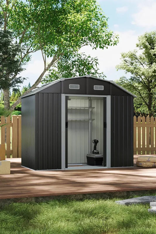 Living and Home Large Outdoor Galvanized Steel Acrylic Storage Shed in Charcoal Charcoal