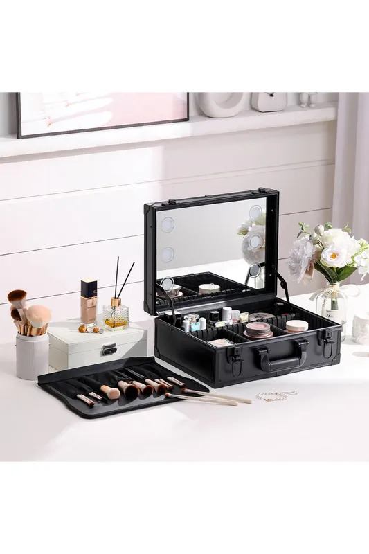 Living and Home Lighted Cosmetic Train Case with Mirror in Black - Black