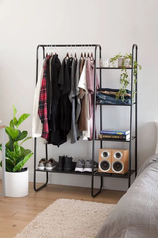 Living and Home Metal Freestanding Garment Rack With 4 Shelves in Black - Black - Size: One Size