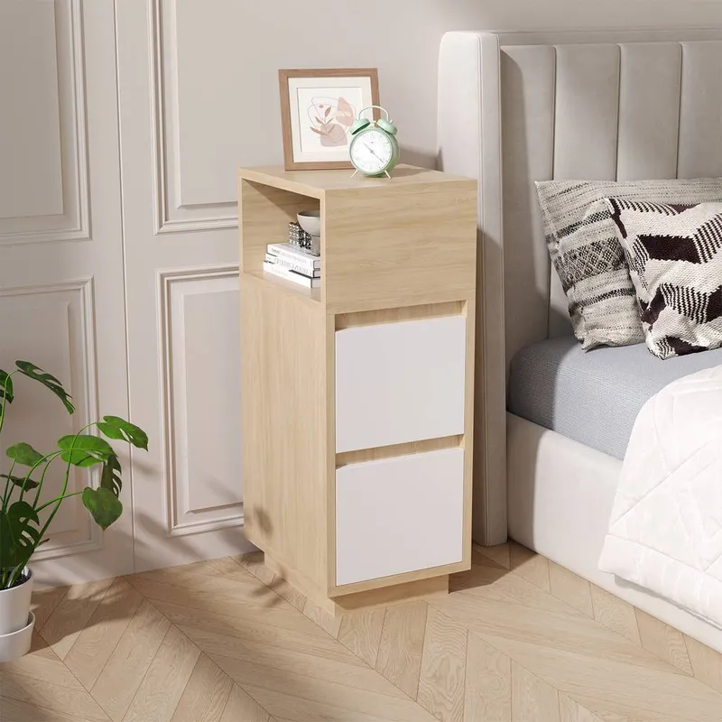Living and Home Minimalist Bedside Table with Drawers in Natural - Natural