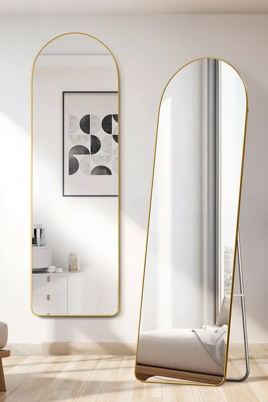 Living and Home Modern Arched Metal Floor Mirror in Gold Gold