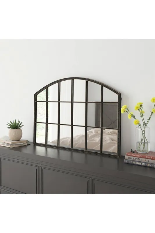 Living and Home Modern Bronze Framed Arched Windowpane Wall Mirror for Decor Bronze