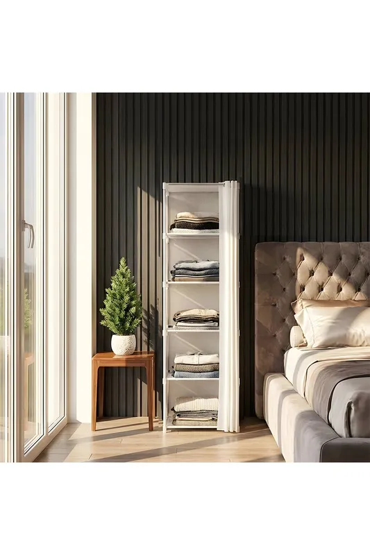 Living and Home Multi-tier Portable Wardrobe Storage Shelf with Curtain in White White