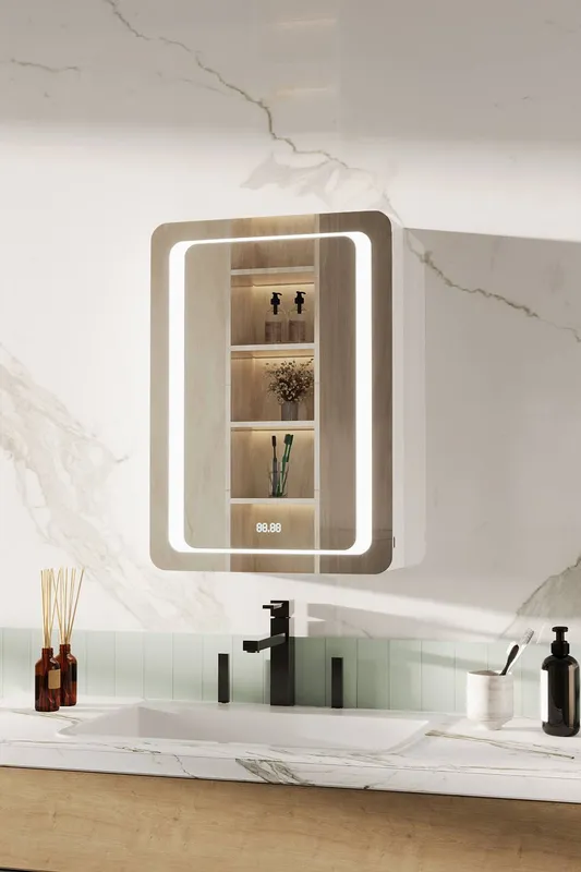 Living and Home O-Shaped LED Anti-Fog Storage Mirror Cabinet with Sensor Switch and Clock in Silver - Silver