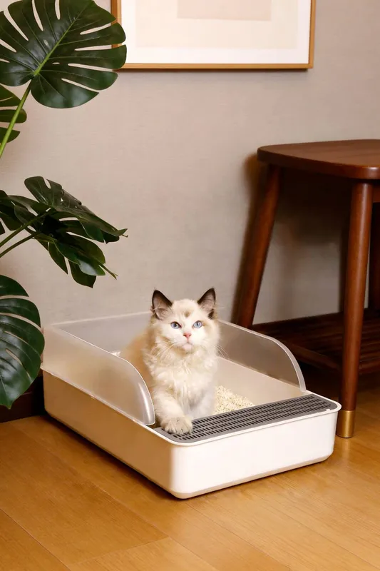 Living and Home Open Cat Litter Box Easy Cleaning Indoor, Includes Scoop in White - White