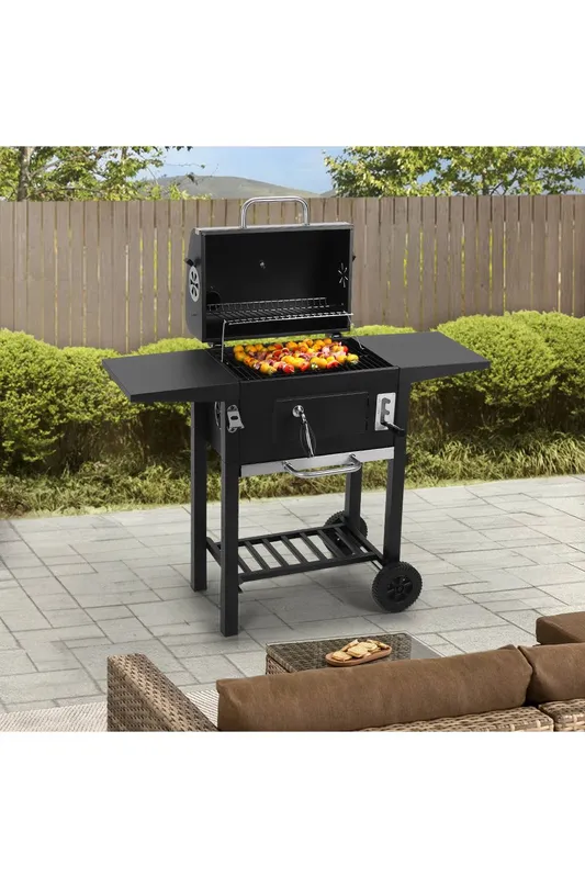 Living and Home Outdoor Charcoal Grill with Smoke Stack in Black Black