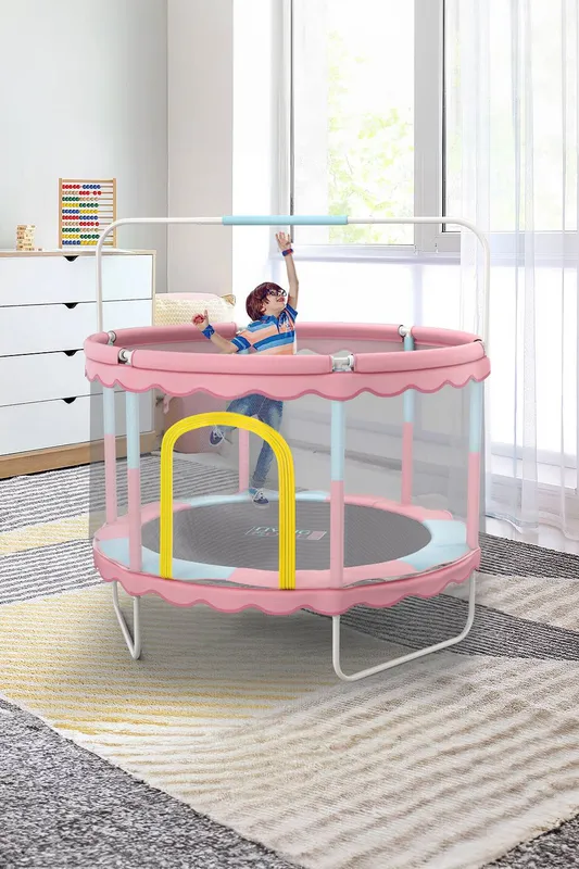 Living and Home Outdoor Enclosure Trampoline with Balance Bar，Indoor and Outdoor Safety Trampoline for Kids in Pink - Pink - Size: One Size