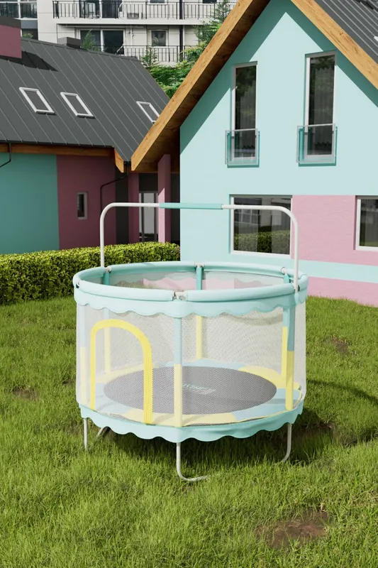 Living and Home Outdoor Enclosure Trampoline with Balance Bar，Indoor and Outdoor Safety Trampoline for Childrens in Blue - Blue