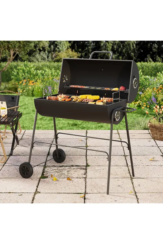 Living and Home Outdoor Garden Charcoal Grill with Wheels in Black Black