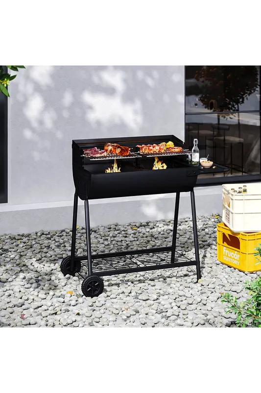 Living and Home Outdoor Garden Charcoal Grill with Wheels in Black - Black