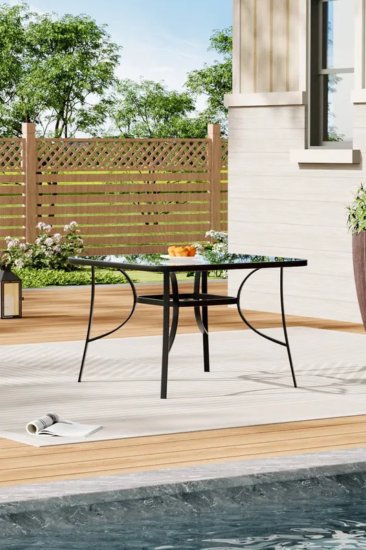 Living and Home Outdoor Tempered Glass Garden Dining Table in Black - Black