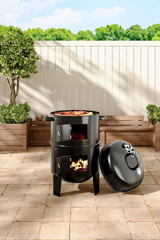 Living and Home Outdoor Upright Smoker Grill Charcoal Bbq in Black Black