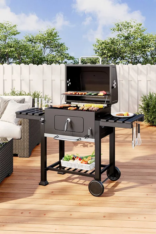 Living and Home Portable Charcoal Bbq Grill, Heavy Duty Outdoor Carbon Steel Barbecue Stove Smoker - Black