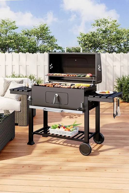 Living and Home Unisex Portable Outdoor Carbon Steel Charcoal Bbq Grill, Large Barbecue Stove Smoker Black female