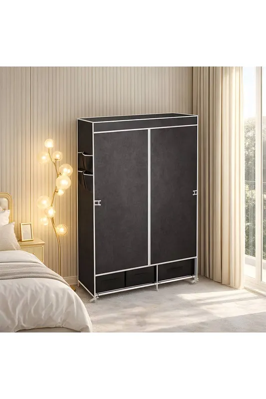 Living and Home Portable Wardrobe Garment Rack with 3 Storage Drawers, Clothes Hanging Rod, Non-Woven Fabric Cover Curtain in Black - Black - Size: One Size