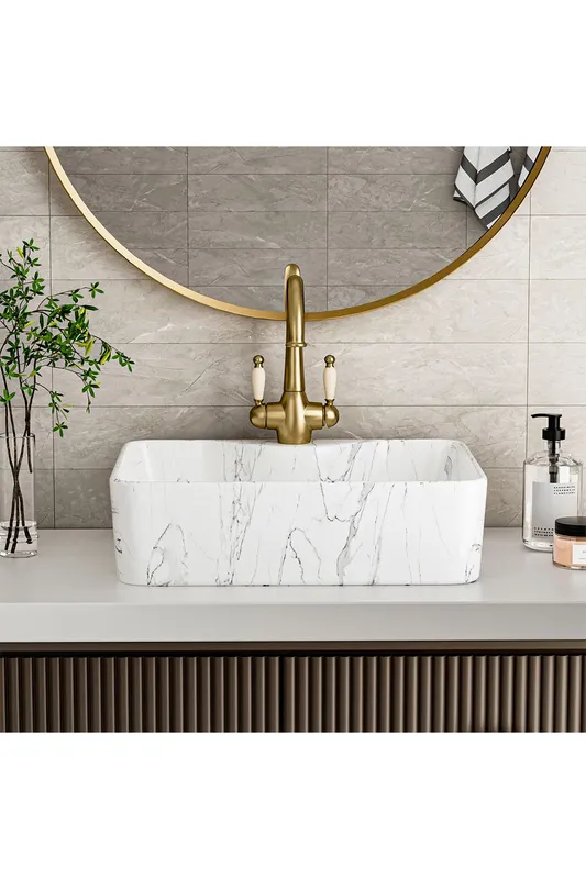 Living and Home Rectangular Marble Bathroom Vanity Vessel Sink in White White