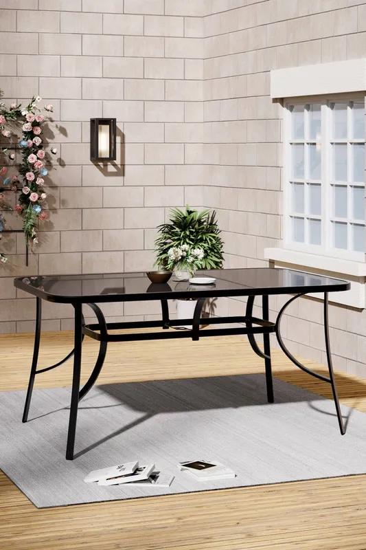 Living and Home Rectangular Metallic Garden Dining Table in Black - Black