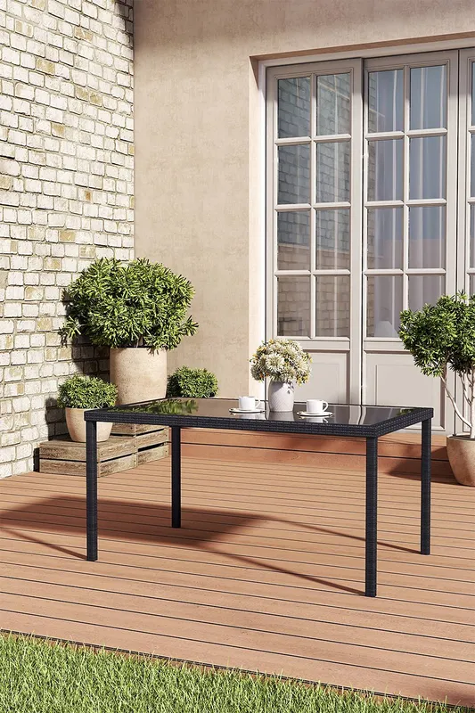Living and Home Unisex Rectangular Rustic Wicker Garden Dining Table in Black Black female