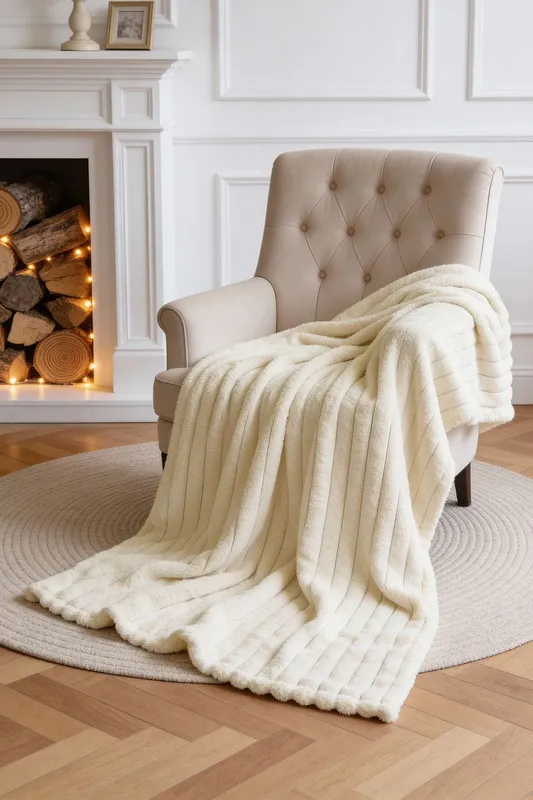 Living and Home Unisex Reversible Fluffy Striped Throw Blanket in Beige Size: Small Beige S female