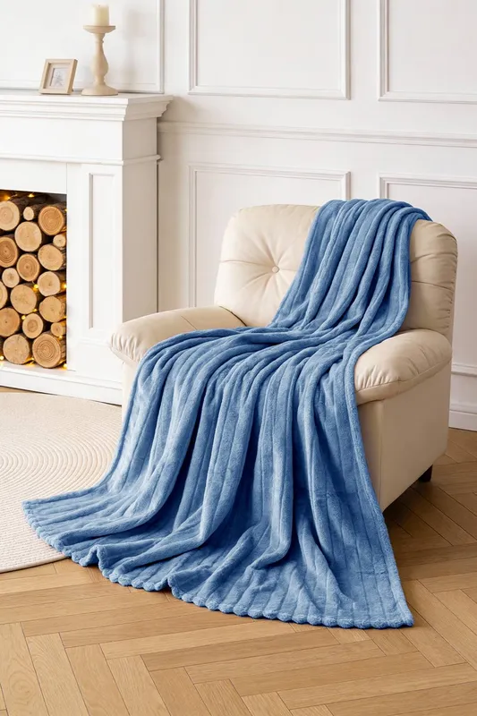 Living and Home Unisex Reversible Fluffy Striped Throw Blanket in Blue Size: Large Blue L female