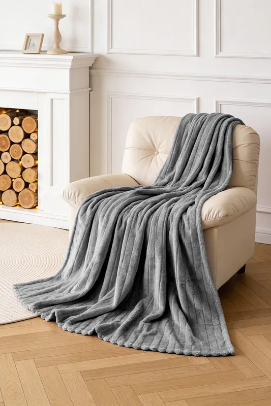 Living and Home Reversible Fluffy Striped Throw Blanket in Grey Size: Large - Grey