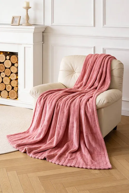 Living and Home Reversible Fluffy Striped Throw Blanket in Pink Size: XL - Pink
