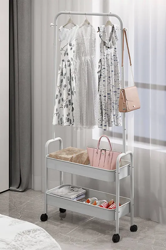 Living and Home Rolling Clothes Hanger Rack Garment Rack with 2 Storage Baskets in White White