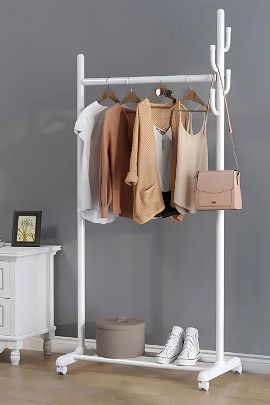Living and Home Rolling Garment Hanging Clothes Coat Rack on Wheels in White - White