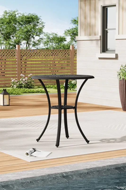 Living and Home Round Cast Aluminum Outdoor Garden Dining Table in Black Black