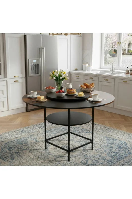 Living and Home Unisex Round Dining Table w/ Lazy Susan in Black Black female