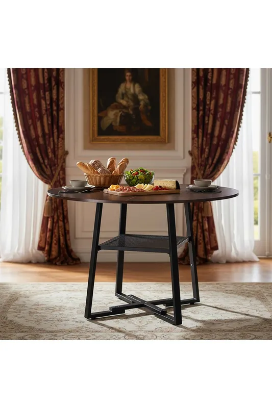 Living and Home Round Dining Table with Storage Shelf in Brown - Brown