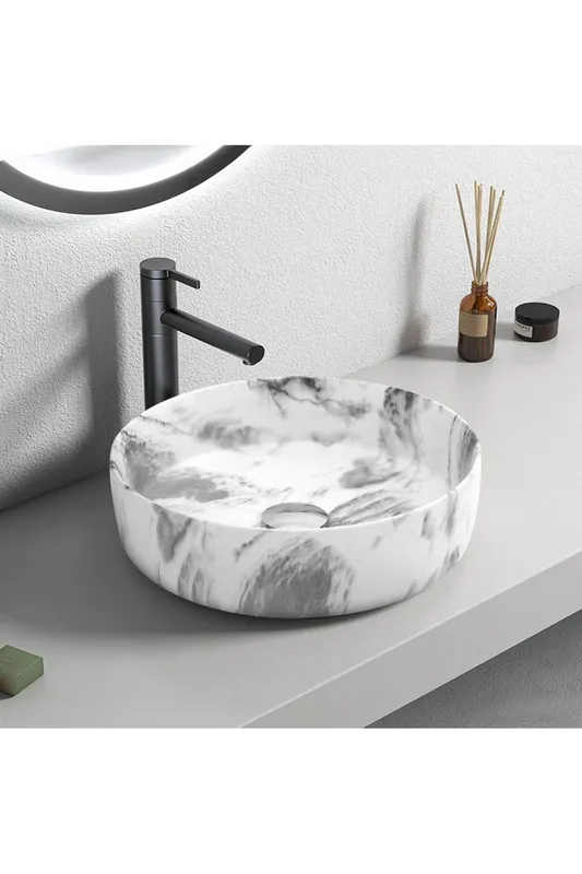 Living and Home Round Marble Vessel Bathroom Sink in White - White - Size: One Size