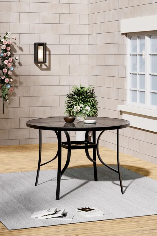 Living and Home Round Metallic Garden Dining Table in Black Black